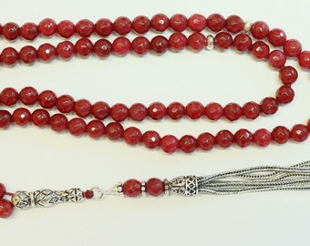 Islamic Prayer Beads Tesbih Rosary Gebetskette Genuine Faceted Ruby & Sterling  Silver-99 Beads