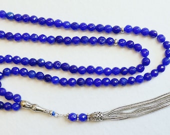 Islamic Prayer Beads Tesbih Rosary Gebetskette Genuine Faceted Sapphire & Sterling Silver-99 Beads - Zikr Tesbih