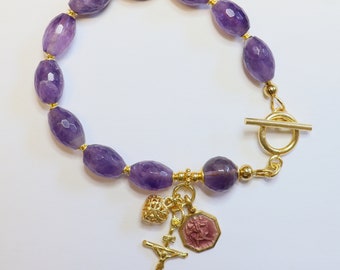 Catholic Rosary Bracelet Faceted Oval Amethyst, Vermeil & Enamel