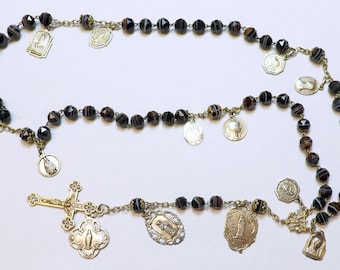 Mid 20th Cent. Black Banded Agathe & Sterling Highly Exceptional Catholic Rosary w 13 Rare Antique Medals all Sterling Silver - Rare