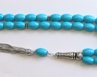 Turquoise & Sterling Tesbih Rosary Barrel Shape Beads - Rare Collector's Choice