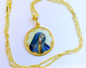 Vintage Enamel Medal of Mary as Mater Dolorosa Hand Painted in Gold Plated Stylized Frame w Chain- Very Rare, Unique