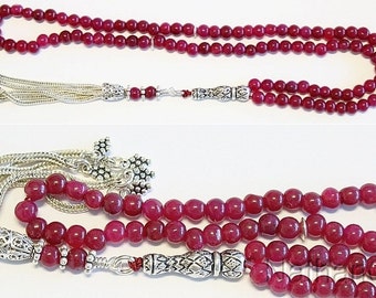 Islamic Prayer Beads Tesbih Gebetskette Genuine Ruby and Sterling -99 Beads