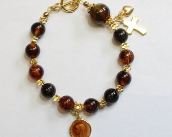 Catholic Rosary Bracelet Genuine Baltic Amber, Enamel Guilloche Medal & Vermeil