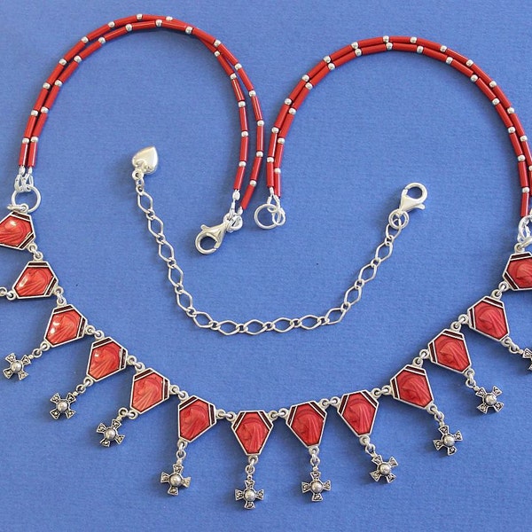 1950 Vintage Enameled Rosary Centers Repurposed into Necklace W Coral and Sterling