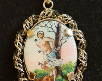 Early 20th Cent. Two Sided Dramatic Medal of St Sebastian Hand Painted Enameled in Filigree Sterling Frame w Chain - High Rarity