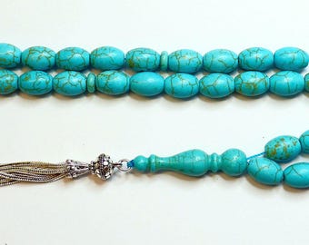 Gold Matrix Turquoise Tesbih: Sterling Silver Tassel, Hand Carved Main Bead