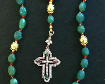 Beaded Chotki, Komboskini, Genuine Emerald and Ruby  w Vermeil Metal Parts - Unique and impressive ORTHODOX Rosary with Special Cross