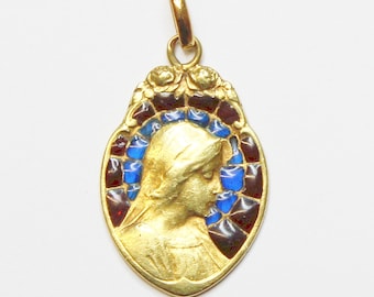 1950's Vintage 18 K Gold Plique-à-Jour Mary Bi Color Pendant Medal