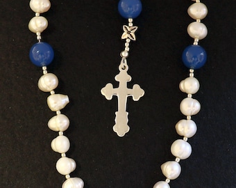 Anglican Episcopal Rosary Prayer Beads : Pearl, Chalcedony and Sterling Silver