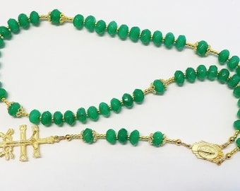 Catholic Rosary Genuine Faceted Emerald & Vermeil w Caravaca Cross