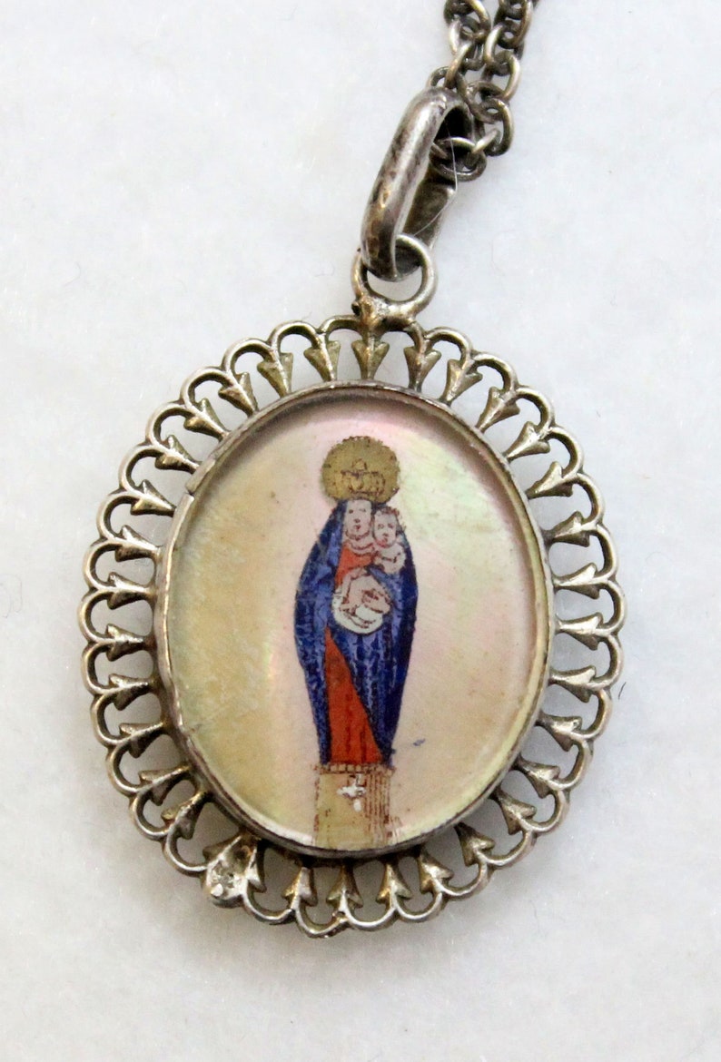 19th Cent Crowned Madonna /& Child Hand Painted Miniature on MOP in Sterling Frame w chain