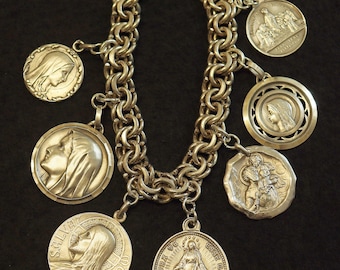 Art Nouveau Bracelet All Sterling Charms w 7 Rare Large Pristine Religious Medals - 1882 -Rare, Heavy, Antique