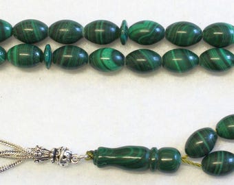 Exceptional AA Grade Malachite & Sterling Silver Prayer Beads Tesbih Rosary -Top quality - Imame also in Maachite, Rare Collector's