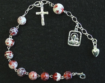 Catholic Rosary Bracelet Rosenkranz in Fire Crackled Agate an Sterling Silver