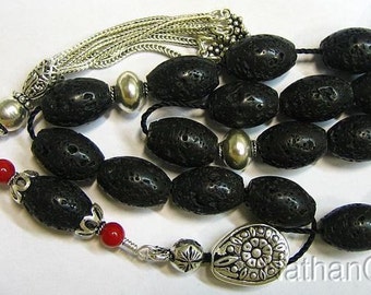 Greek Komboloi Worry Beads Black Lava, Red Coral & Sterling Silver