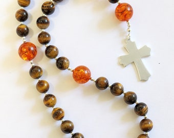 Anglican Episcopal Rosary  Prayer Beads Tiger Eye, Amber and Sterling Silver