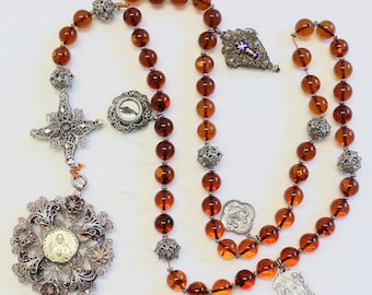 Impressive, Large, Unique Mid 19th Cent. Bavarian, Sterling Filigree, Baltic Amber & Gold  Rosary