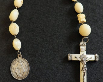 1885 Mop and Sterling V. Large Chaplet w Janus Memento Mori & Miraculous Medal of Extreme Rarity