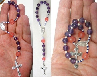 Catholic Travel Chaplet - One Decade Rosary -  Amethyst, Rose Quartz and Sterling Silver