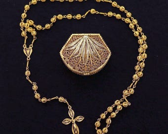 Vintage Rare Catholic Rosary and Box Set in Filigree Vermeil - Sterling Silver 24K. Gold Plated