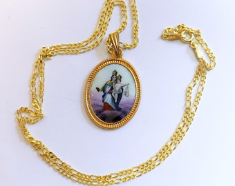 Vintage Enamel Medal of Our Lady of Carmel Hand Painted in Gold Plated Stylized Frame w Opional Chain - Rare and Unique