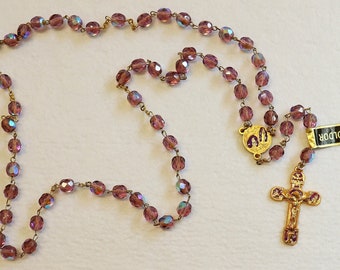 Catholic Vintage Rosary New Old Stock Lilac Crystal Gold Plate Enamel Exquisite Series No46