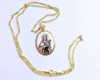 Vintage Enamel Medal double sided medal of Saint Therese Hand Painted in Gold Plated Frame w Opional Chain - Rare and Unique