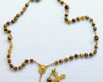 Vintage Tiger Eye Gold Rolled Catholic Rosary, Hand-Faceted Beads, 1930's Unique Vintage Religious Jewelry