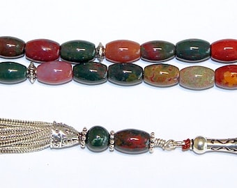 Luxury Prayer Beads Tesbih AA Grade Indian Bloodstone and Sterling Silver - Top Quality - Collector's