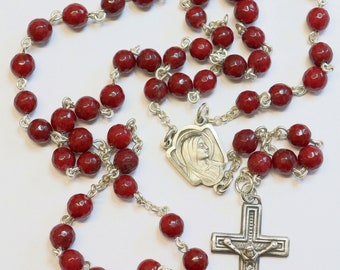 Catholic Chain Rosary Genuine Faceted Ruby and Sterling Silver