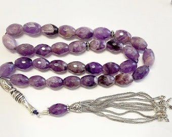 Luxury Prayer Beads RosaryTesbih AA Grade Faceted Oval Amethyst & Sterling - Rare Collector's