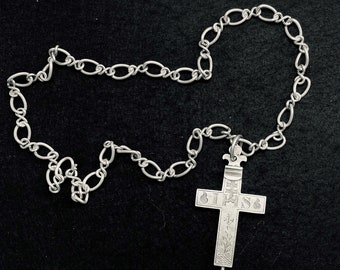 1834 Large Sterling Reliquary Cross Pendant & Chain, Unique Antique Jewelry, Historical Carving, Heavy Silver Necklace, Religious Pendant