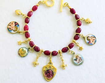 Vintage Ruby Vermeil Cherub Bracelet: Enameled Raphael Angel Medals