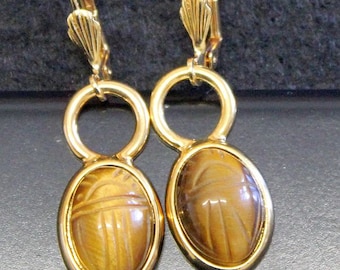 1950 Period VintageTIGER EYE Intaglio Scarab Gold  Earrings UNUSUAL