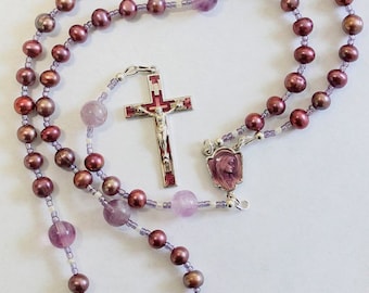 Catholic Rosary Rosenkranz Purple Pearls Amethyst and Vintage Enameled Center & Cross