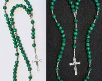 Catholic Rosary Prayer Beads Malachite and Heavy Sterling Silver