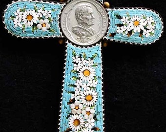 Antique Papal micro mosaic cross - crucifix PIUS X, Exceptional and Rare