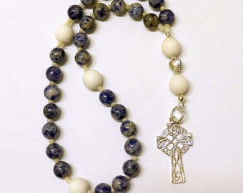 Anglican Episcopal Rosary Prayer Beads : Denim Sodalite, White Coral and Sterling Silver Celtic Cross
