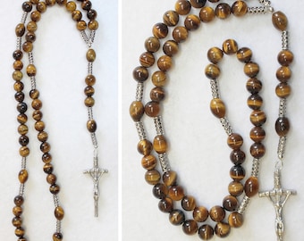 Catholic Rosary Prayer Beads Tiger Eye and Heavy Sterling Silver