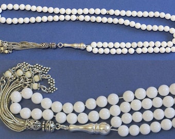 Islamic Prayer Beads Tesbih Gebetskette 99 White Coral & Sterling Silver