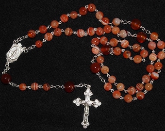 Catholic Chain Rosary Prayer Beads Chaplet Orange Sardonyx  and Sterling Silver