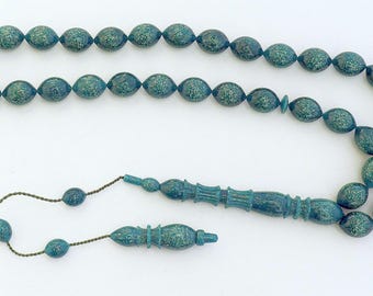 Rich Dark Green Vintage Galalith Tesbih with Gold Fleck Sparkle - Rare and Exceptional handmade Collector's