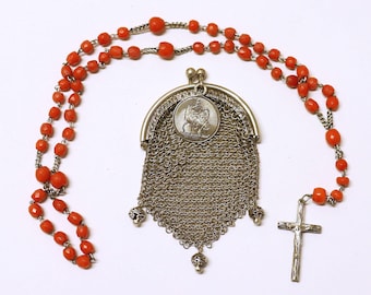 DD 1893 Catholic Rosary in Coral & Silver w Sterling Mesh Purse and St Martin Medal