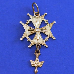 18 K Gold Huguenot Cross 1930 &#39;s Pendant Medal, French - Pristine condition.