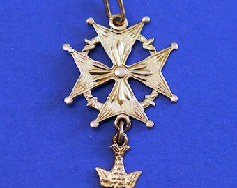 18 K Gold Huguenot Cross 1930 's Pendant Medal, French - Pristine condition.