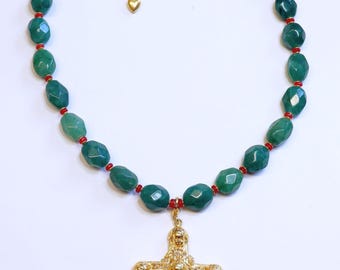 Emerald, Ruby, Vermeil Necklace: Gold Angel Cross, removable, two uses