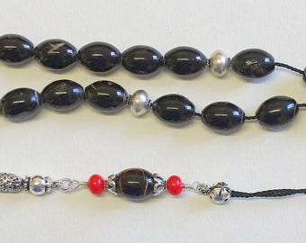 Greek Komboloi Worry Beads Black and Red Coral with Sterling Silver