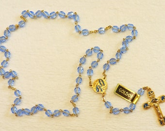 Catholic Vintage Rosary New Old Stock Blue Crystal Gold Plate Enamel Exquisite Series No40