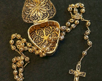 Very Rare Vintage Vermeil Filigree Catholic Rosary and Box Set - Antique Gold Plated Sterling